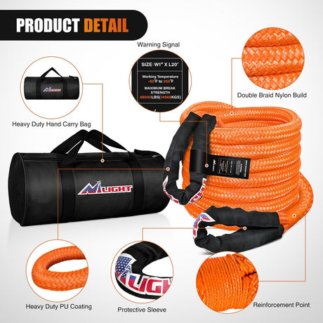 Kinetic Recovery Rope 48000 LBS 1in x 20ft Snatch Strap Heavy Duty Offroad Towing Starp Kit Vehicle Recovery kit for UTV ATV SUV Truck Car Jeep Tractor