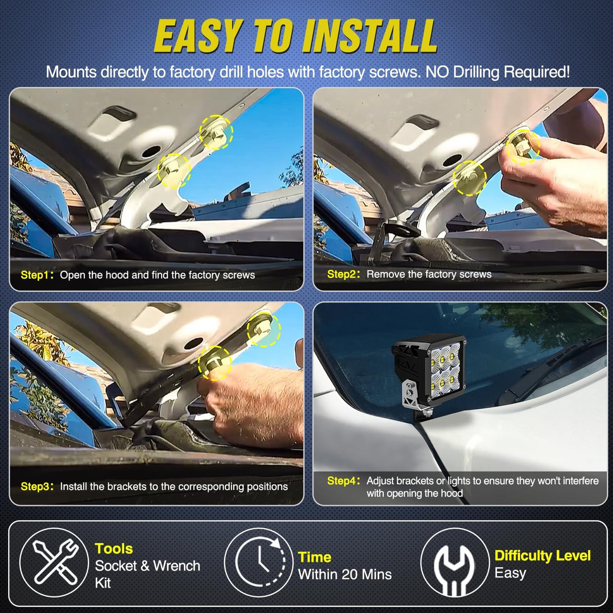 Ditch Light Brackets Hood Hinges Mount Bracket Kit for Auxiliary Offroad LED Pods Work Lighting Compatible with Toyota Tundra 2014 2015 2016 2017 2018 2019 2020 2021