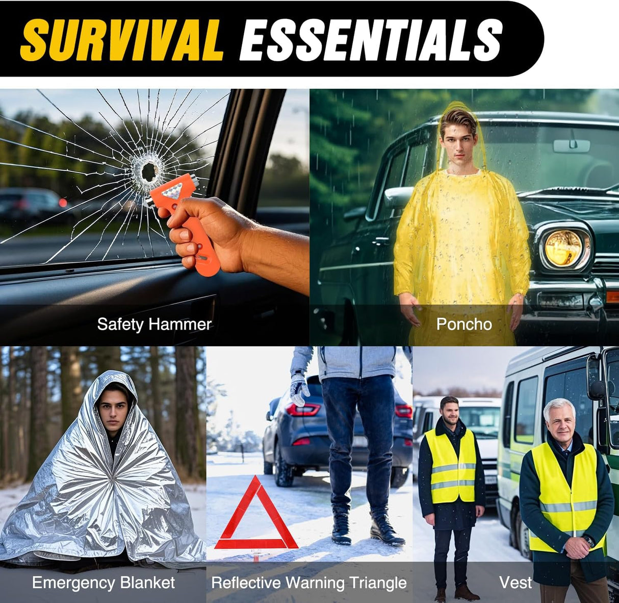 Car Emergency Kit with Jumper Cable Air Compressor Tire Repair Essential Tools First Aid Alligator Connector Electrical Kit for Travel Camping Outdoor Cars Truck SUV RV