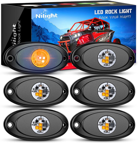 LED Rock Light 6PCS Amber Underglow Wheel Well Fender Pods Waterproof Exterior Underbody Roof Rack Side Lamps for 12V 24V Car Truck Pickups ATV UTV SUV Motorcycle Boat