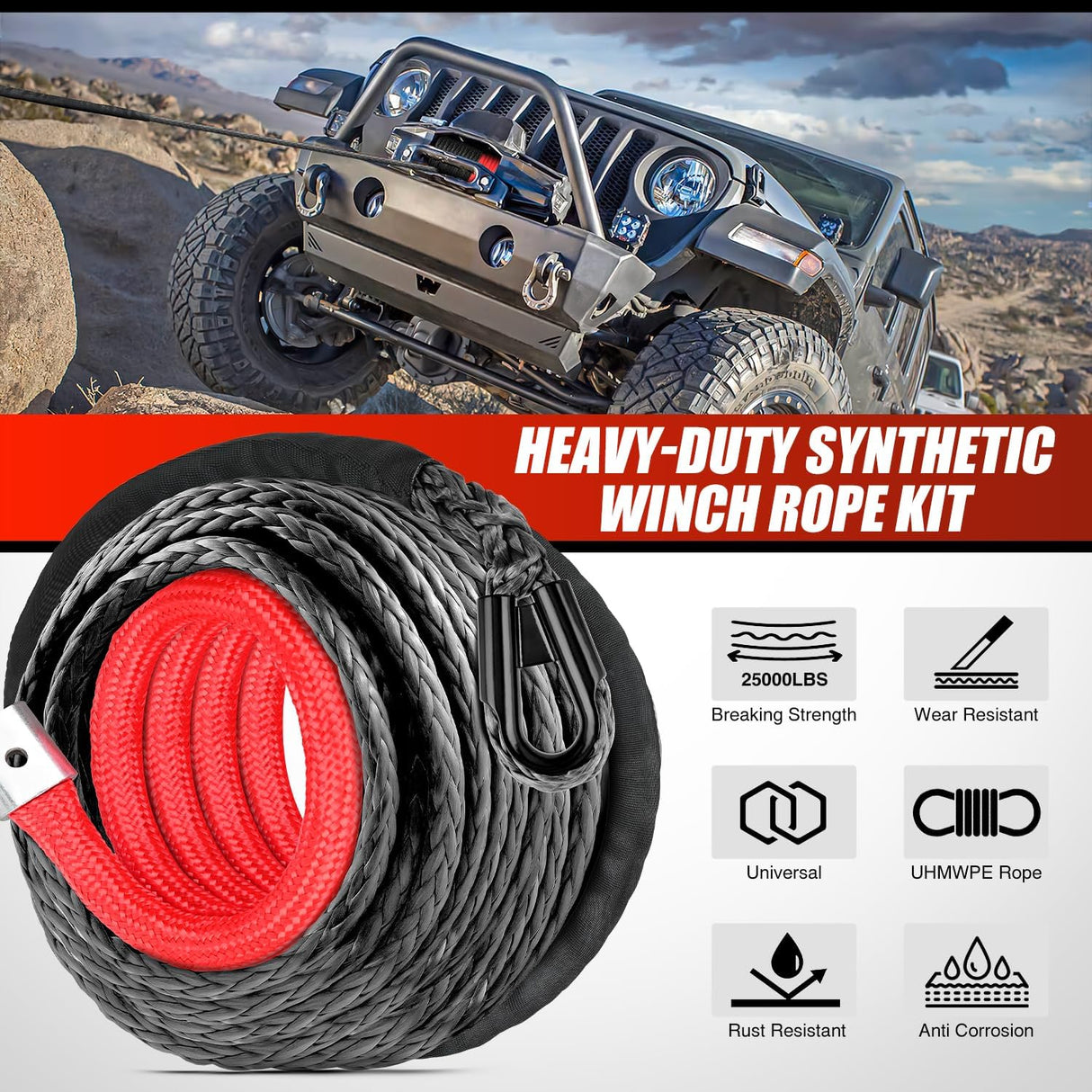 Synthetic Winch Rope, 3/8 Inch x 82 FT 25000 Ibs Winch Line Replacement for ATV UTV 4WD Off-Road Vehicle Jeep SUV Truck Winch Cable Accessory with Red Jacket Rope and Protective Sleeve, Black