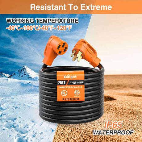 25FT 50 Amp RV Extension Cord with Adapter 15Amp to 50Amp 250V Heavy Duty 6/3+8/1 Gauge Pure Copper STW Wire UL ETL Listed 4 Prong 14-50P 14-50R Weatherproof Suit for Generators Camper