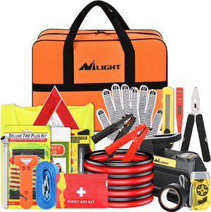 Car Emergency Kit with Jumper Cable Air Compressor Tire Repair Essential Tools First Aid Alligator Connector Electrical Kit for Travel Camping Outdoor Cars Truck SUV RV
