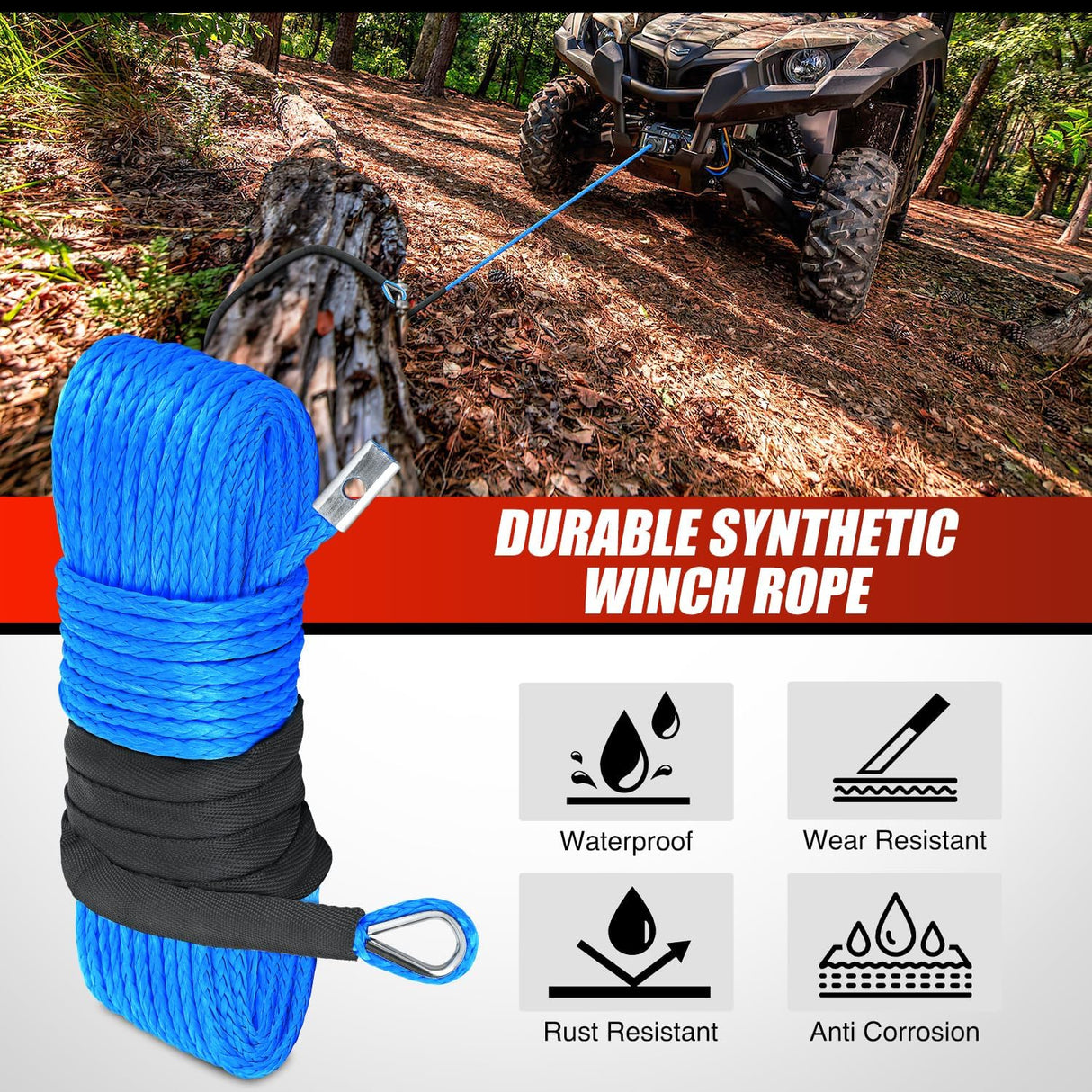 1/4 Inch x 50 Feet Winch Rope Synthetic Winch Line Cable Universal for ATV UTV 4x4 Off-Road Vehicle 9000lbs Winch Line Ropes with Steel Hook Rubber Stopper Protective Sleeve Safety Strap,Blue