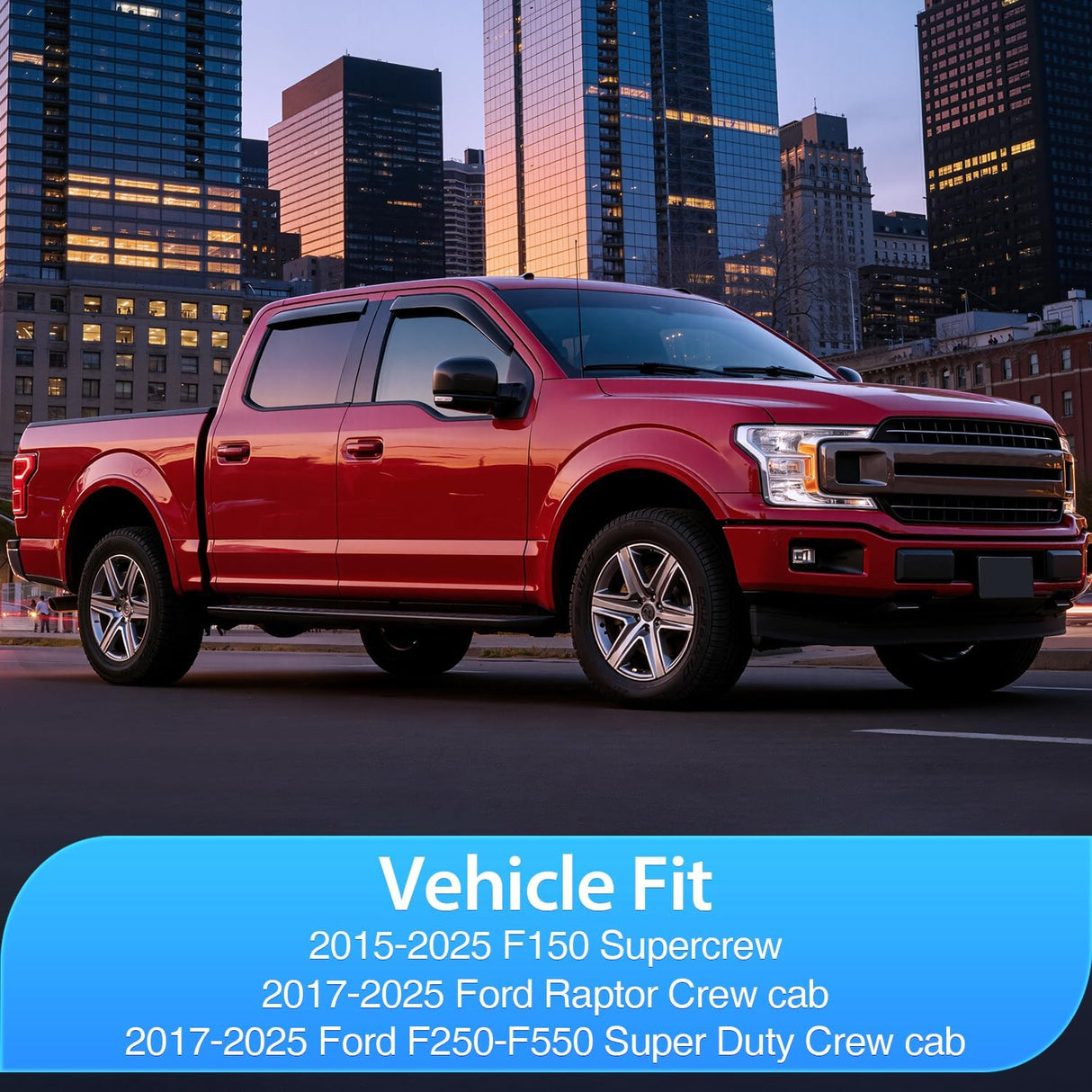 Rain Guards for 2015-2025 Ford F150 SuperCrew | For 2017-2025 Ford Raptor Crew Cab, 2017-2025 Ford F250 F350 F450 F550 Super Duty Crew Cab, Outside Mount Window Visor, 4PCS