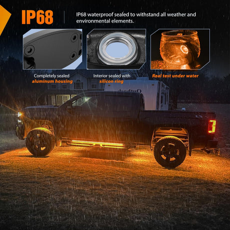 LED Rock Light 4PCS Amber Underglow Wheel Well Fender Pods Waterproof Exterior Underbody Roof Rack Side Lamps for 12V 24V Car Truck Pickups ATV UTV SUV Motorcycle Boat