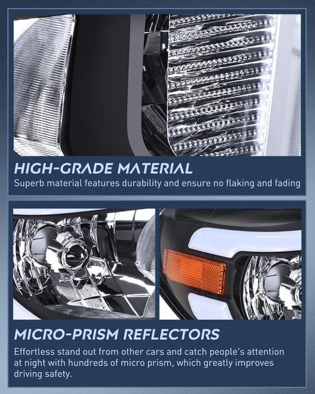 LED DRL Headlight Assembly Compatible with 2014 2015 2016 2017 2018 2019 2020 2021 Toyota Tundra Clean Lens Black Housing Amber Reflector Clear Lens Headlamps Replacement
