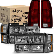 Headlight and Taillight Assembly Combo Compatible with 1994 1995 1996 1997 1998 Chevy Silverado Tahoe Suburban C10 C/K 1500 2500 3500 Tail Light Chrome Housing Amber Reflector Smoke Lens
