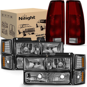 Headlight and Taillight Assembly Combo Compatible with 1994 1995 1996 1997 1998 Chevy Silverado Tahoe Suburban C10 C/K 1500 2500 3500 Tail Light Chrome Housing Amber Reflector Smoke Lens
