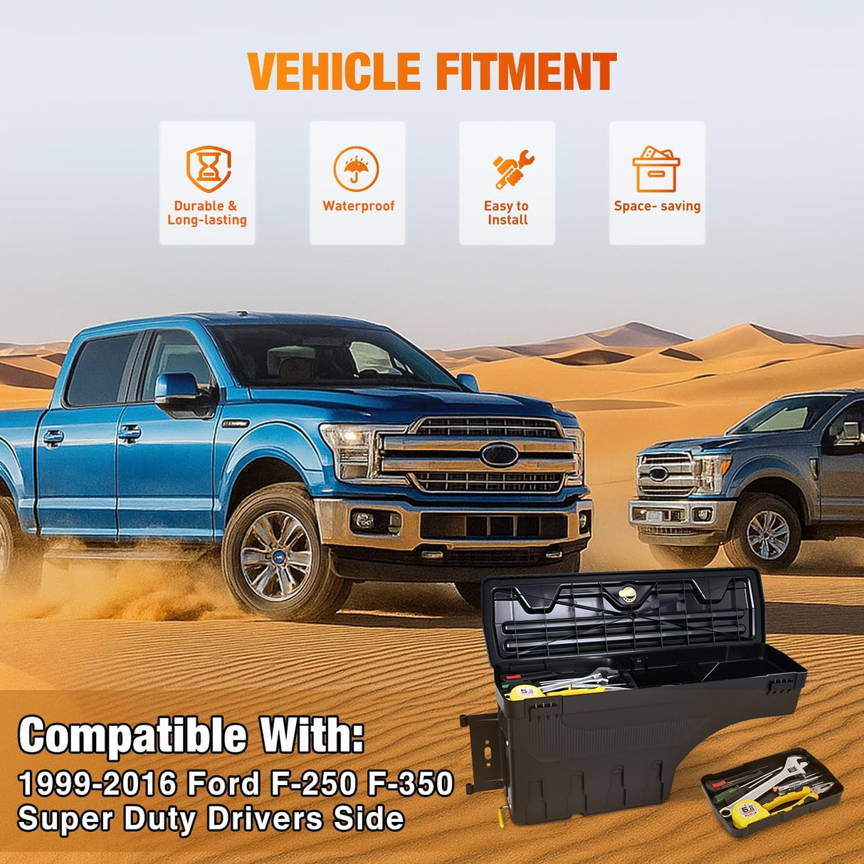 Truck Bed Tool Box Left Drivers Side Tool Boxes Fit for Ford F-250/350 Super Duty 1999-2016 ABS Swing Case Truck Storage Box with Lockable Lid Waterproof Wheel Well Toolbox for Truck Bed