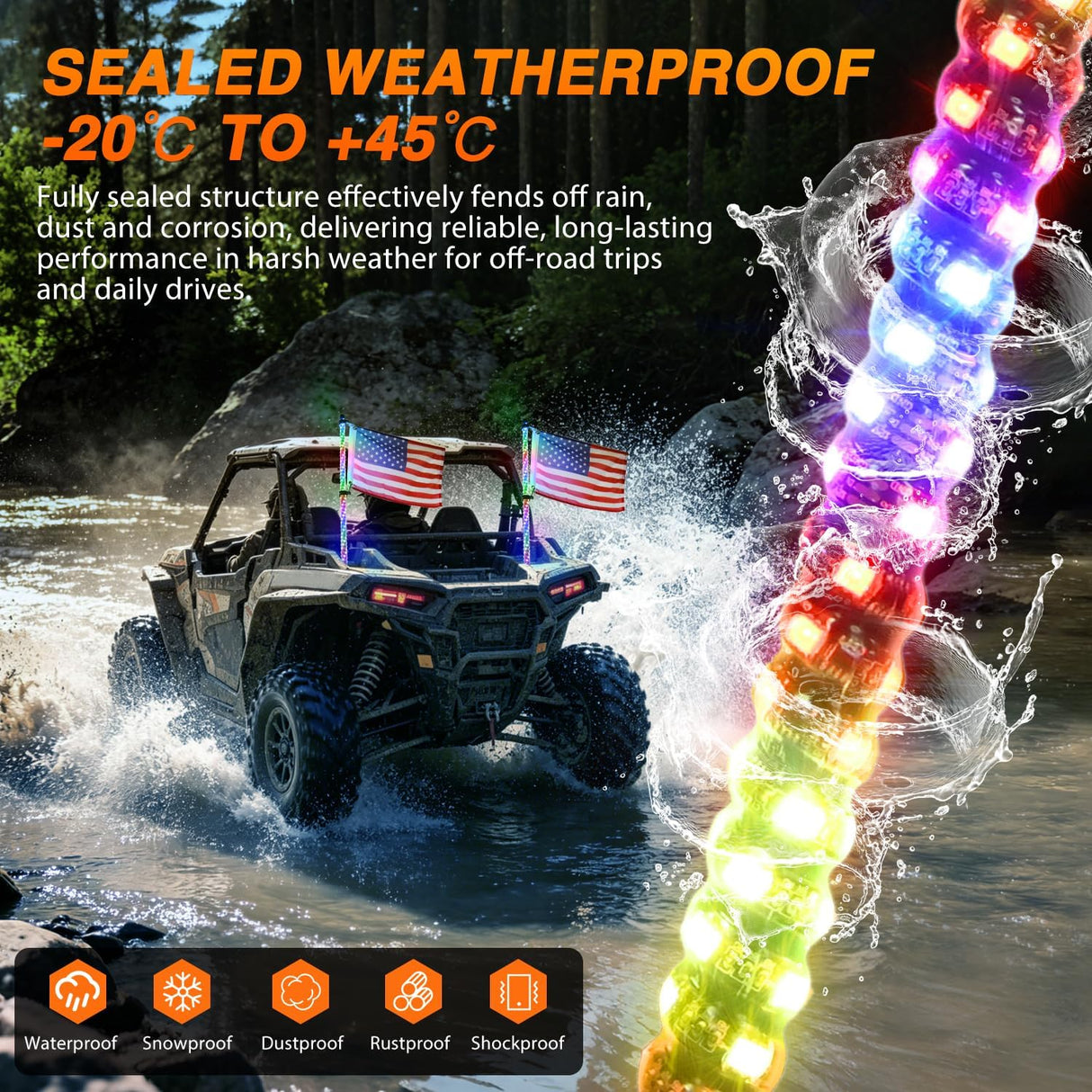 RGB LED Whip Light 2PCS 4FT Spiral Antenna Whips | APP and Remote Control with DIY Chasing Patterns Turn Signal Brake Reverse Functions and Spring Base for ATV UTV RZR and Jeep