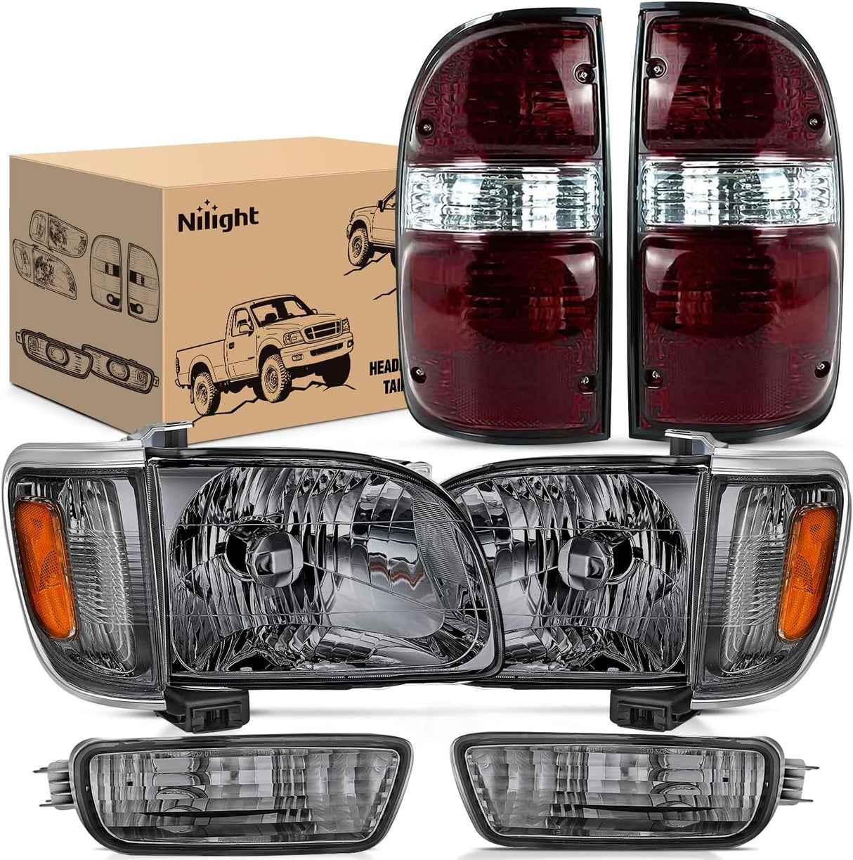 Headlight and Taillight Assembly Combo Compatible with 2001 2002 2003 2004 Toyota Tacoma OE Style Chrome Housing Smoke Lens Amber Reflector with Dark Red Housing Tail Lights