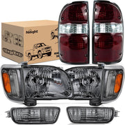 Headlight and Taillight Assembly Combo Compatible with 2001 2002 2003 2004 Toyota Tacoma OE Style Chrome Housing Smoke Lens Amber Reflector with Dark Red Housing Tail Lights