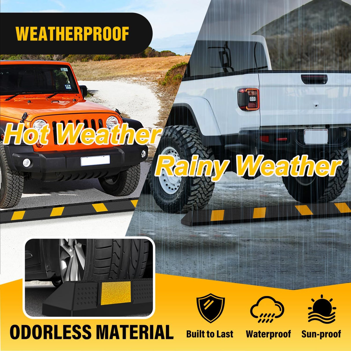 72 Inch Parking Curb - Heavy Duty Rubber Garage Car Stopper Parking Aid with Reflective Strips for Large Vehicles, 2-Pack