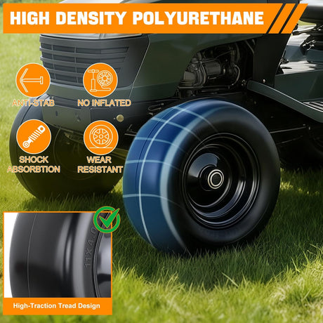 11x4.00-5 Solid Lawn Mower Tires, 11 Inch Flat-Free Polyurethane Tire with 3/4 Inch Axle Bore & 3.4 Inch Hub Length, Airless Replacement Wheels for Lawn Mowers, 2 Pack