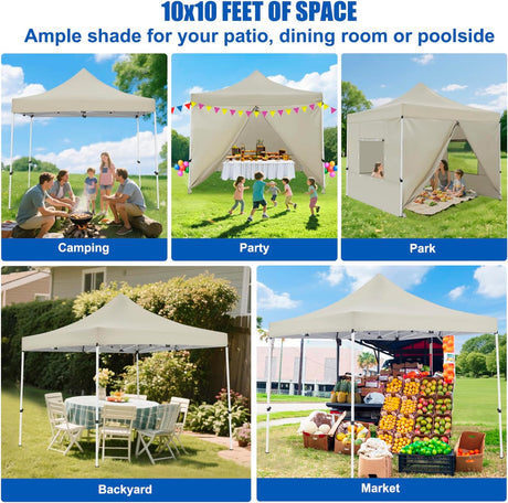 10x10 Pop Up Canopy Tent with 4 Sidewalls Portable Folding Outdoor Canopy Easy Setup Gazebo Waterproof Instant Shelter Tent w Wheel Carry Bag sandbag for Events Parties Camping, Khaki Brown