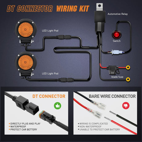 Amber LED Light Pods 2 PCS 3 Inch Flood Round Offroad Driving Auxiliary Fog Lights Built-in EMC w/18AWG DT Wiring Harness Kit for Motorcycle SUV ATV Truck Boat