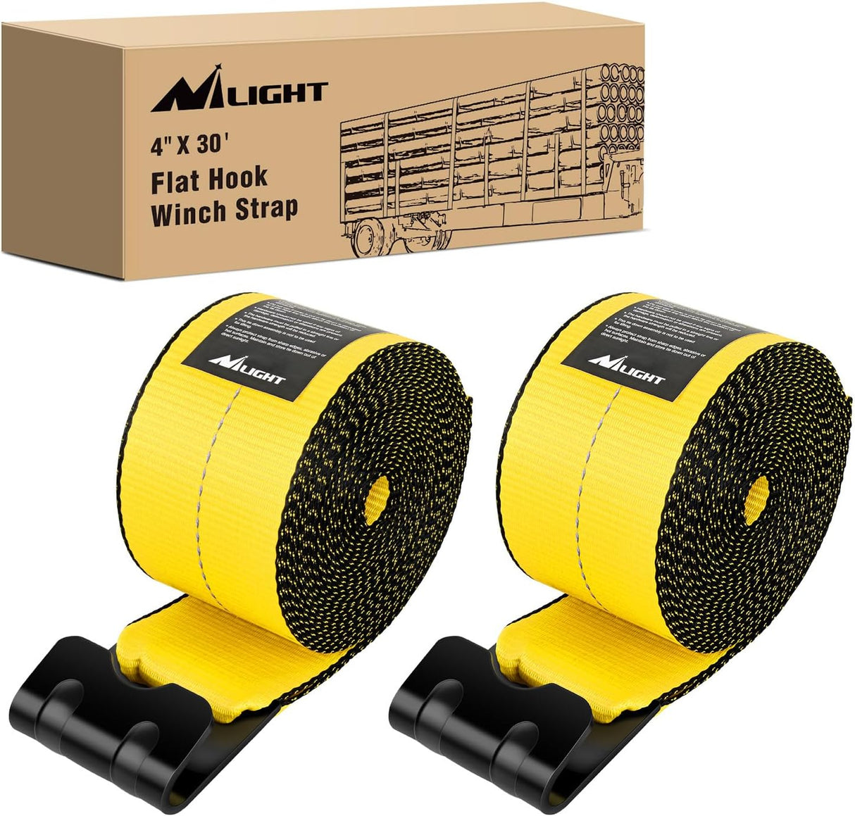 Truck Straps 4 Inch x 30' Heavy Duty Tie Down with Flat Hooks | 16800LBS Break Strength & 5400LBS WLL for Flatbed Trailer Cargo Control Recovery Tree Saver 2 Pack Yellow