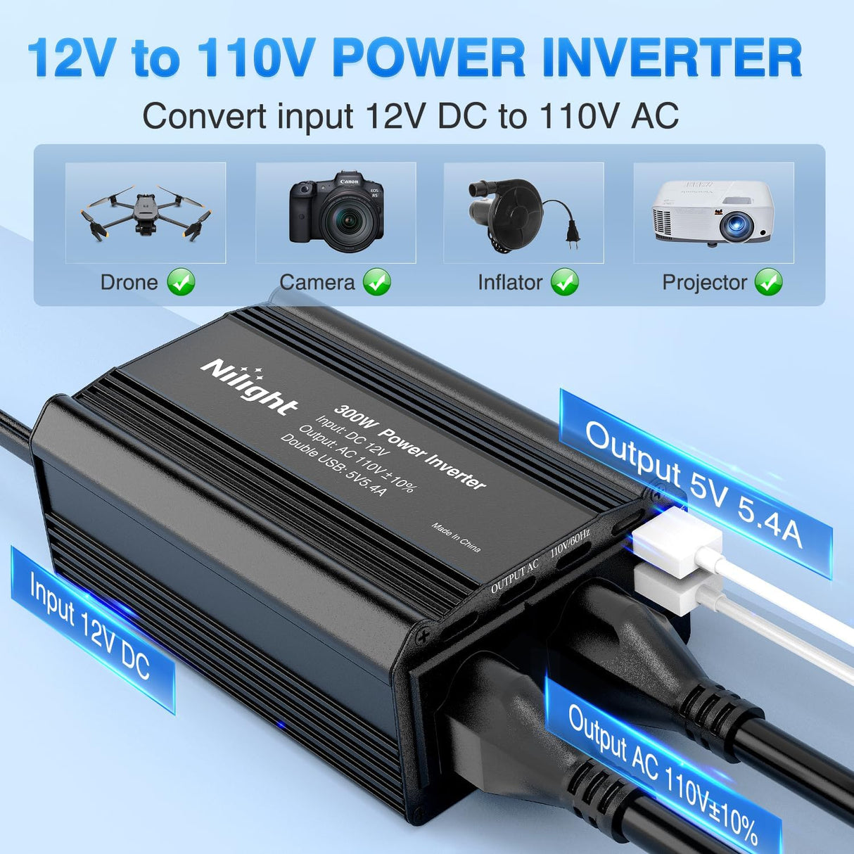 300W Power Inverter 12V DC to 110V AC Car Charger Converter with 5.4A Dual USB Ports and 2 AC Outlets for Phones Tablets Laptop Computer Game Console Kindle iPad DVD Players Black