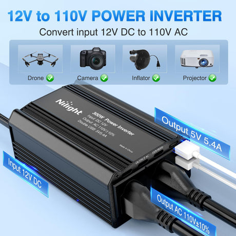 300W Power Inverter 12V DC to 110V AC Car Charger Converter with 5.4A Dual USB Ports and 2 AC Outlets for Phones Tablets Laptop Computer Game Console Kindle iPad DVD Players Black