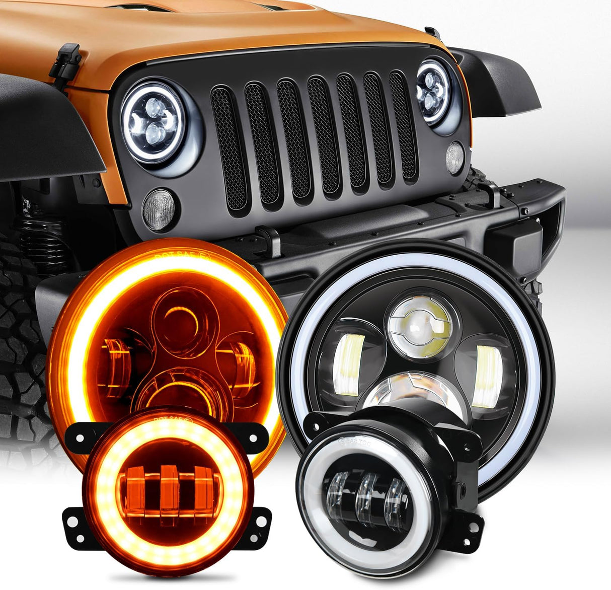 7 Inch Round LED Halo Headlights and 4 IN Fog Lights w/Turn Signal Amber White DRL High Low Beam Compatible with 2007 2008 2009 2010 2011 2012 2013 2014 2015 2016 2017 2018 Wrangler JK JKU