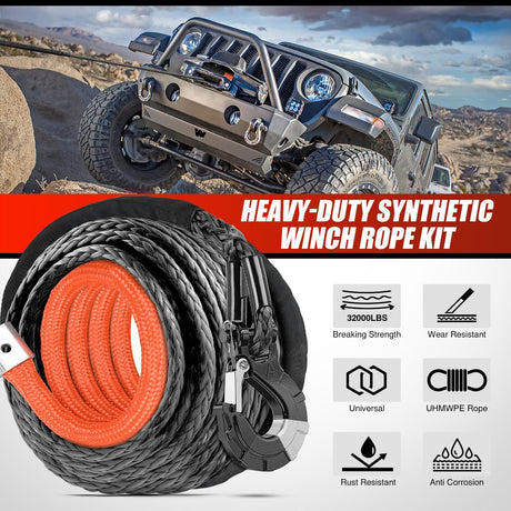 1/2 Inch x 92 Inch Synthetic Winch Rope 32,000 lbs Winch Line Cable Ropes Kit with Thimble Protective Sleeve 35000lb Heavy Duty Winch Hook for SUV 4WD Off Road Vehicle Truck ATV UTV, Black & Orange