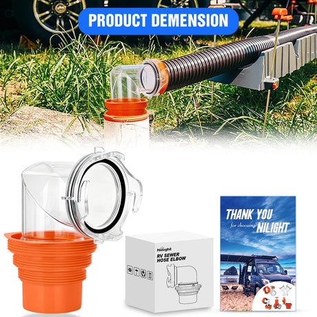 90 Degree RV Sewer Hose Fittings with 4-in-1 Adapter, Clear RV Sewer Hose Elbow Leak-Proof Connection & Odor-Tight Seal Fits 4 Sizes of Dump Station Inlets for Campers Travel Trailers, Orange