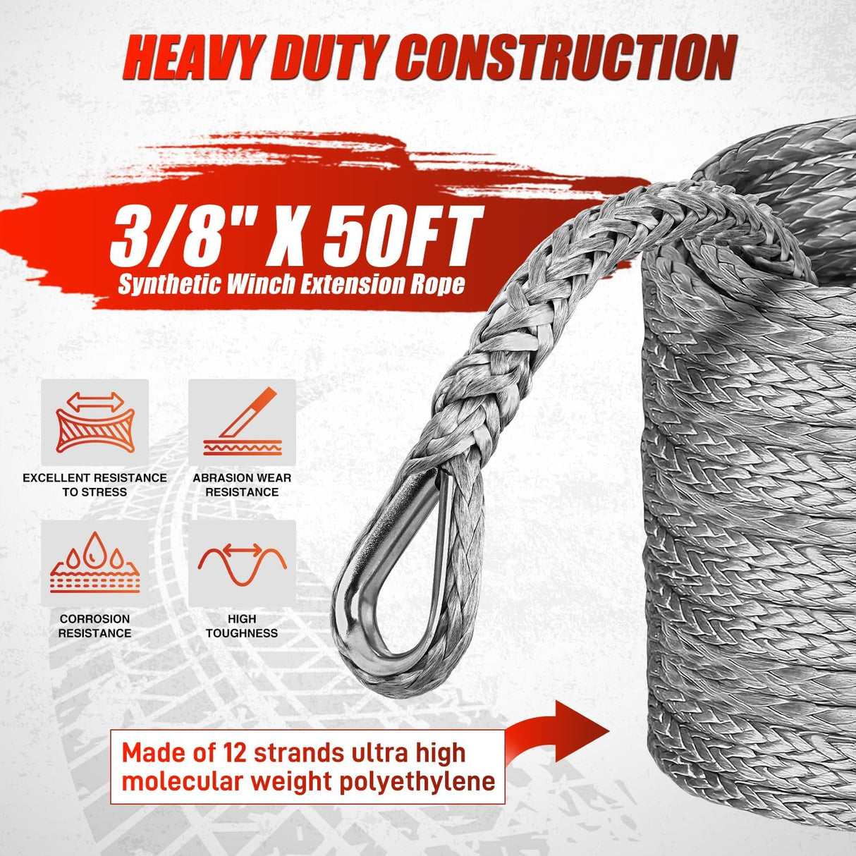 Winch Rope Synthetic Winch Rope Extension 3/8 Inch x 50 Feet 25,000 Lbs ATV Winch Extension Cable Replacement Tow Ropes Line for Off Road Vehicle Polaris ATV UTV Truck SUV Jeep, Grey