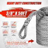 Winch Rope Synthetic Winch Rope Extension 3/8 Inch x 50 Feet 25,000 Lbs ATV Winch Extension Cable Replacement Tow Ropes Line for Off Road Vehicle Polaris ATV UTV Truck SUV Jeep, Grey