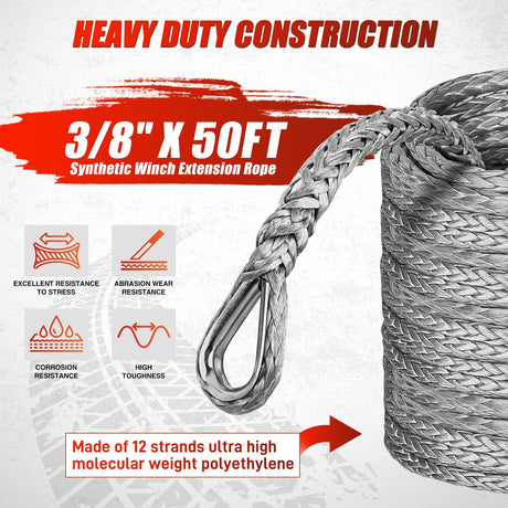 Winch Rope Synthetic Winch Rope Extension 3/8 Inch x 50 Feet 25,000 Lbs ATV Winch Extension Cable Replacement Tow Ropes Line for Off Road Vehicle Polaris ATV UTV Truck SUV Jeep, Grey