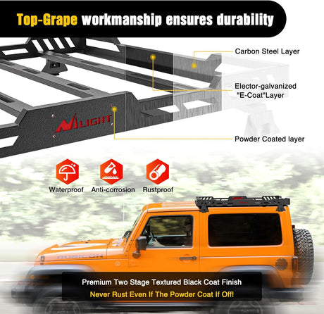 Roof Rack Cargo Basket with LED Light Bar Compatible with 2007-2026 Wrangler JK JL Unlimited & Gladiator JT 4 Door Hardtop, JKU JLU Luggage Rooftop Storage Carrier