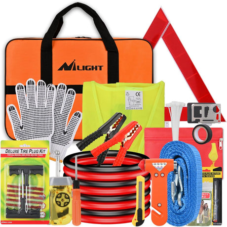 Car Emergency Kit with Jumper Cable Air Compressor Tire Repair Essential Tools First Aid Alligator Connector Electrical Kit for Travel Camping Outdoor Cars Truck SUV RV