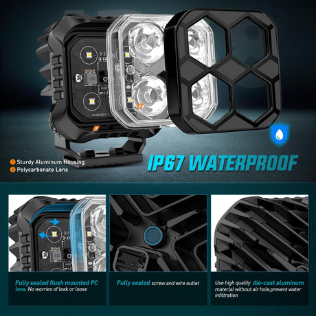 LED Pod Light 2 PCS 2.8 Inch 20W Square 4 LED Hyper Spot Beam Driving Offroad Lights w/18AWG Rocker Switch Wiring Harness Kit for Truck Motorbike Boat ATV UTV