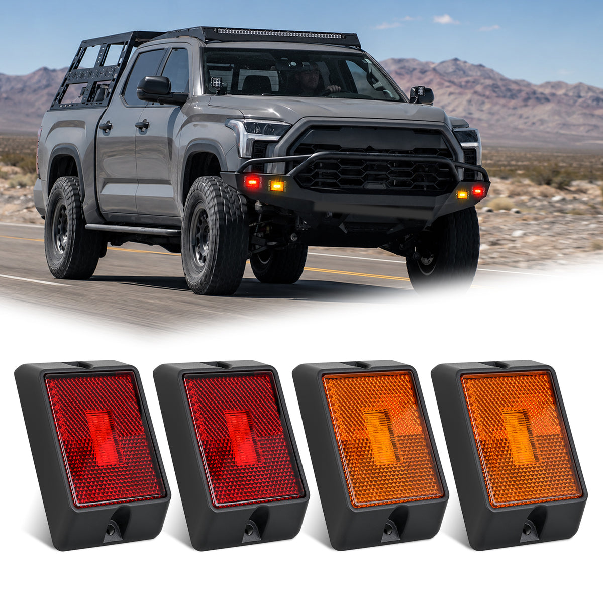 Side Marker Light 4PCS Square 3LED Red Amber Front Rear Clearance Indicator Lights Reflective Lens Surface Mounted Waterproof for 12V Truck Trailer RV Boat
