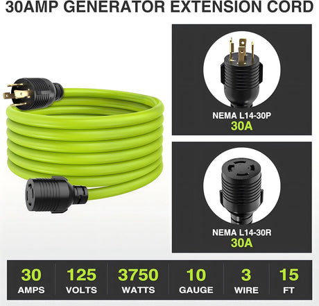 15FT 30Amp Generator Extension Cord 125V Heavy Duty 10/3 Gauge Pure Copper STW Wire UL ETL Listed 4 Prong L14-30P L14-30R Weatherproof Suit for Camper Outdoor Use Bright Green
