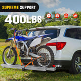 Motorcycle Hitch Carrier 400LBS, Lightweight Robust Aluminum Dirt Bike Hitch Hauler with 55.11 Inch Longer Ramp, Pin Lock, Tie-Down Strap and Tightener, 2 Inch Receiver, 5 Inch Wide Tire