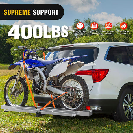 Motorcycle Hitch Carrier 400LBS, Lightweight Robust Aluminum Dirt Bike Hitch Hauler with 55.11 Inch Longer Ramp, Pin Lock, Tie-Down Strap and Tightener, 2 Inch Receiver, 5 Inch Wide Tire