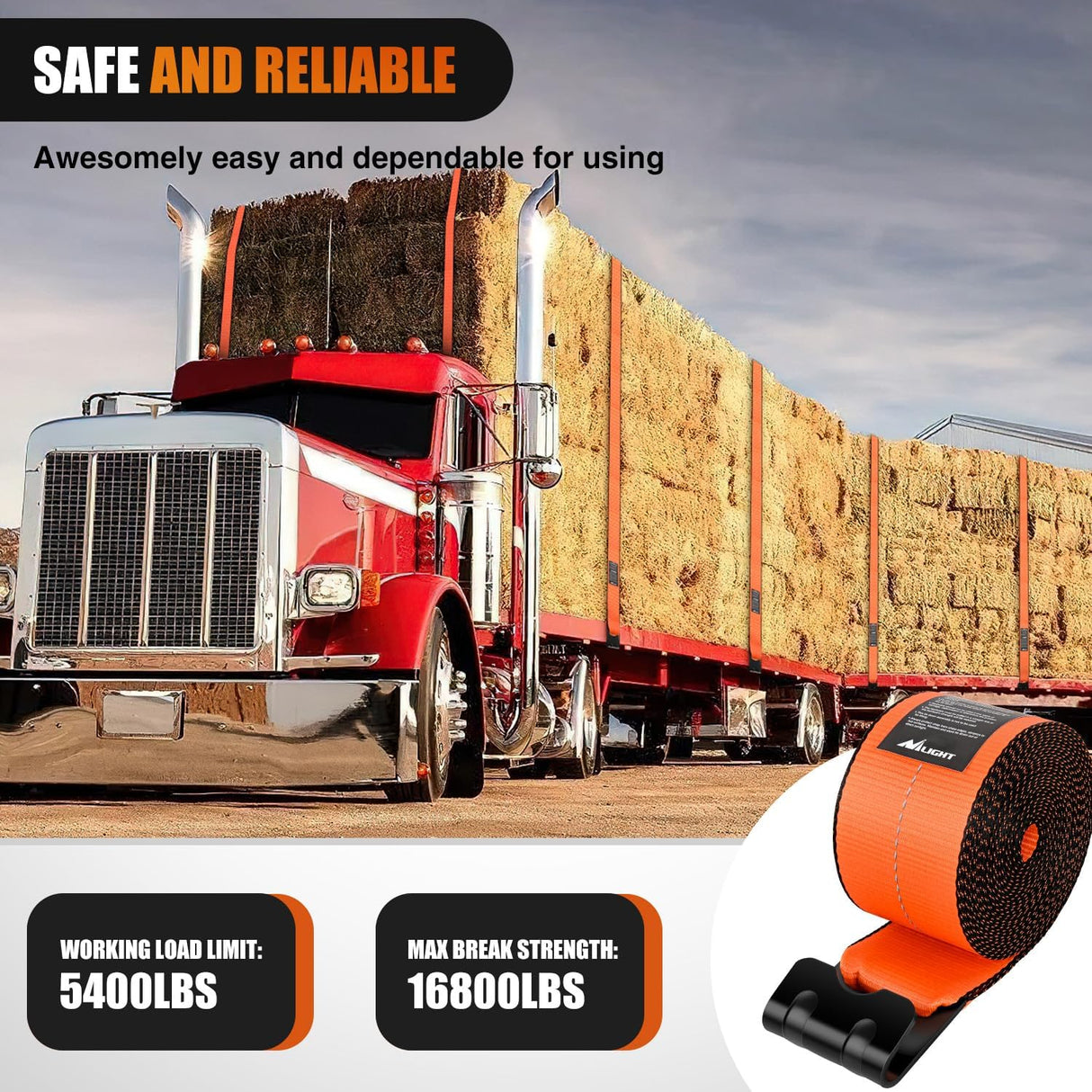 Truck Straps 4 Inch x 30' Heavy Duty Tie Down with Flat Hooks | 16800LBS Break Strength & 5400LBS WLL for Flatbed Trailer Cargo Control Recovery Tree Saver 4 Pack Orange