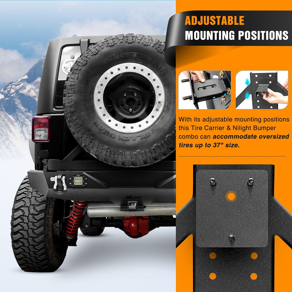 Rear Bumper & Spare Tire Rack & Hitch Receiver w/2 LED Lights Compatible for 2007-2018 Wrangler JK for 2007-2018 Wrangler JK & Unlimited