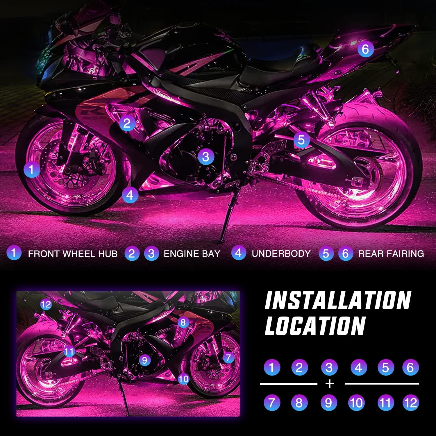 Motorcycle RGB APP Remote Control LED Strip Lights 12PCS Nilight