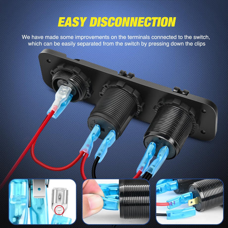 4 in 1 Charger Socket Panel PD Type C and QC 3.0 USB with LED Voltmeter Display and Cigarette Lighter Power Cutoff Switch for Cars Trucks UTV ATV