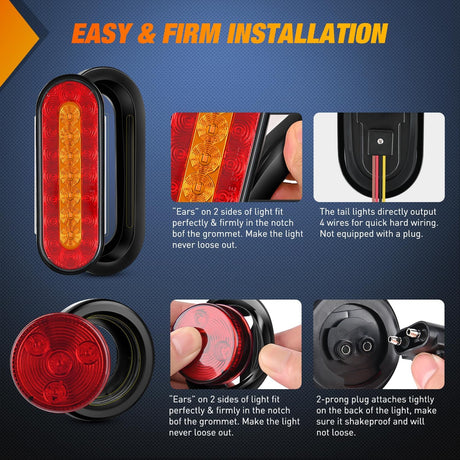 2 PCS Steel Trailer Light Boxes Housing Kit 3LED License Plate Lights 6 Inches Oval Red Amber Tailight 2 Inch Round Side Marker Lamp Grommet Plugs for Truck Tractor Car