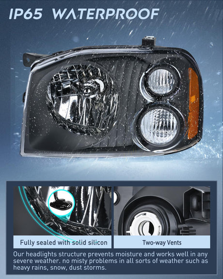 Headlight Assembly Compatible with 2001 2002 2003 2004 Nissan Frontier XE OE Style Replacement Halogen Headlights Black Housing Amber Reflector Clear Turn Light Headlamp Passenger and Driver