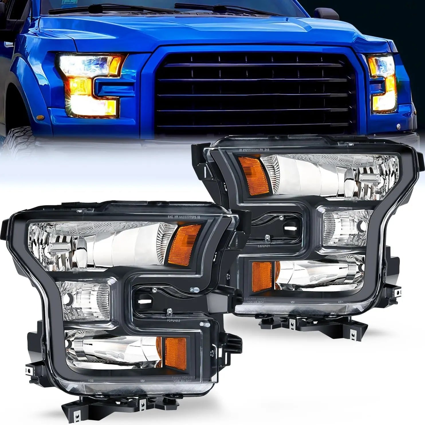 Switchback LED Bar] 2015-17 Black Projector Headlights Pair For Ford