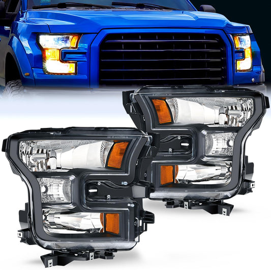 2015-2017 Ford F150 Headlight Assembly Black Housing Amber Reflector Upgraded Clear Lens Nilight