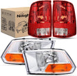 Headlight and Taillight Assembly Combo Compatible with 2009 2010 2011 2012 Dodge Ram 1500 2500 3500 OE Style Chrome Housing Amber Reflector with Red Housing Tail Lights