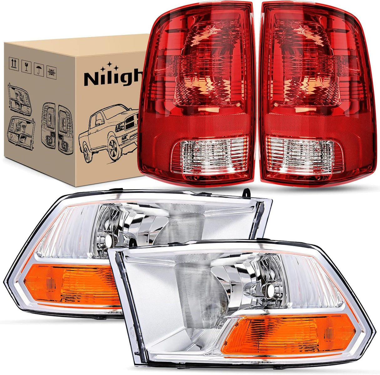 Headlight and Taillight Assembly Combo Compatible with 2009 2010 2011 2012 Dodge Ram 1500 2500 3500 OE Style Chrome Housing Amber Reflector with Red Housing Tail Lights