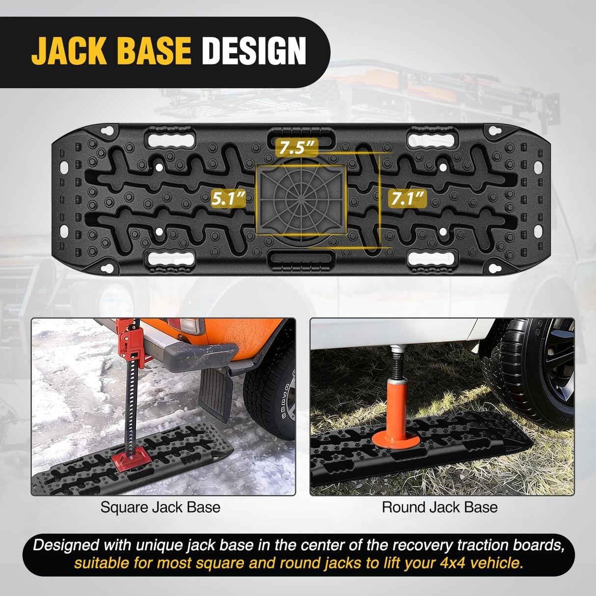 Off Road Traction Boards 4x4 Truck Jeep Recovery Tracks Mats Gear | Heavy Duty Tire Recovery Boards Mounting Kit With Round and Square Jack Lift Base for Truck Jeep SUV Mud Sand Dunes Snow
