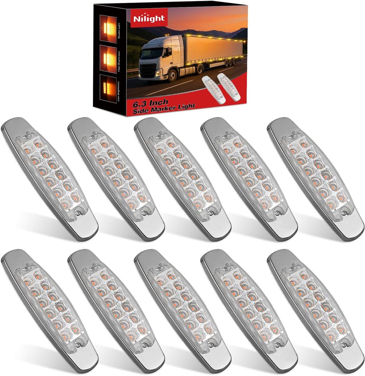 6.3 Inch Amber Rectangle Side Marker Light, White Lens, High Low Strobe | 12 LED IP67 Waterproof Chrome Bezel 12V Surface Mount Marker & Clearance Light Fits Pickup Trucks Trailers RVs Boats,10 Pack