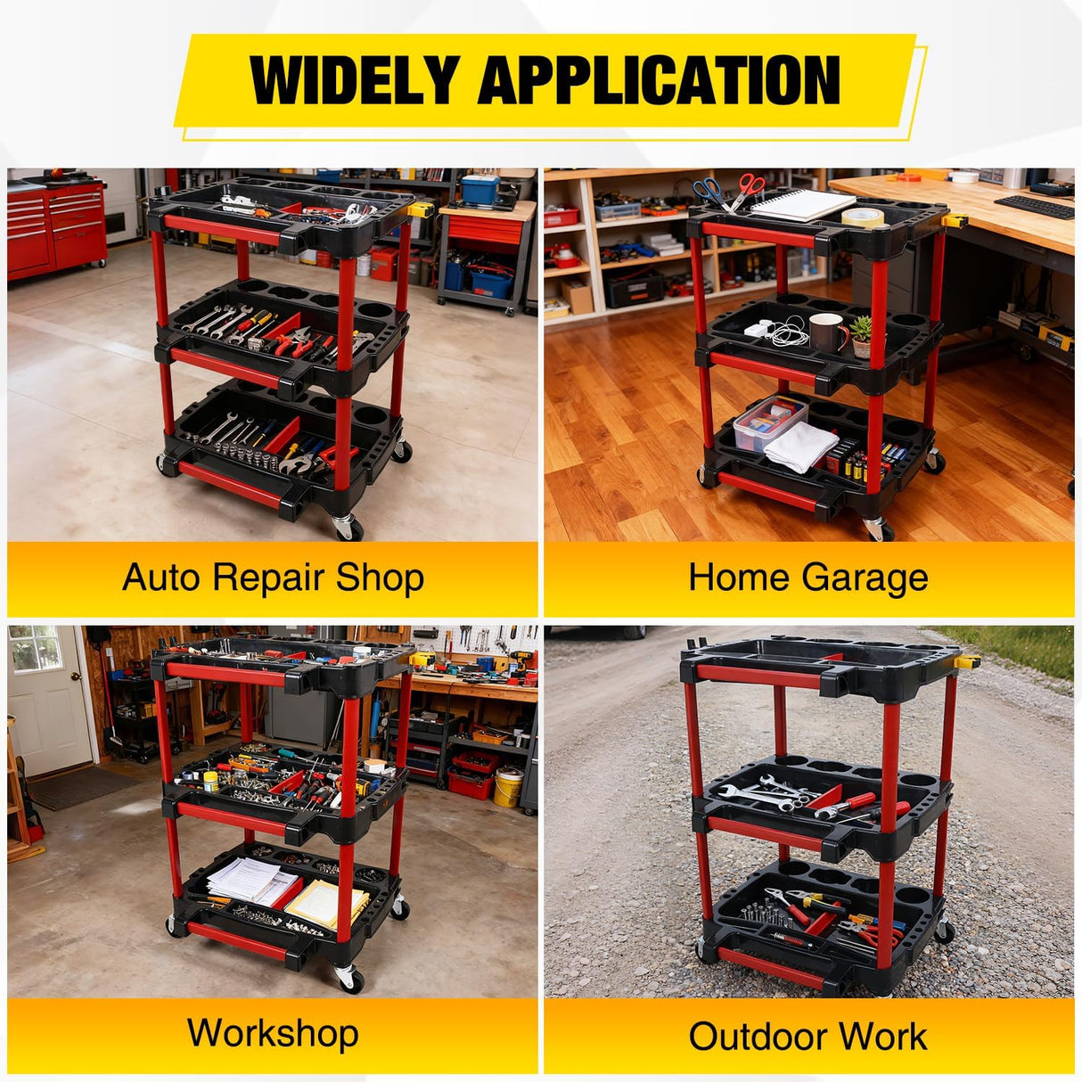 3-Tier Car Detailing Cart with Polisher Brackets - Rolling Utility Plastic Cart with Organizer & Hooks - Heavy Duty Mobile Tool Station